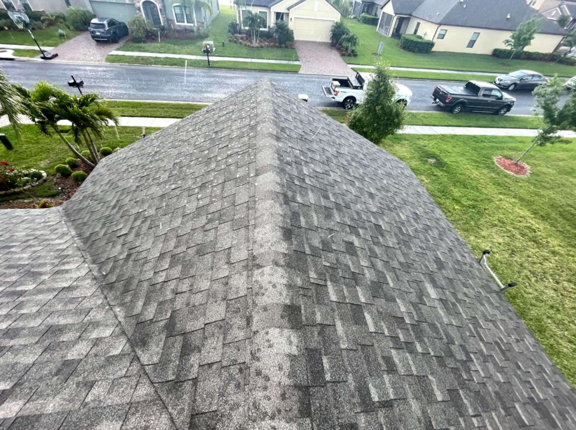 Shingle roof towards front of home taken from standing on roof.